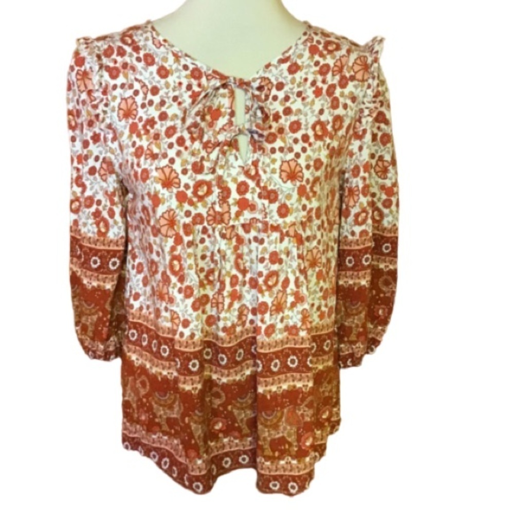 Bright Orange Floral Hippie Chic Peasant Top